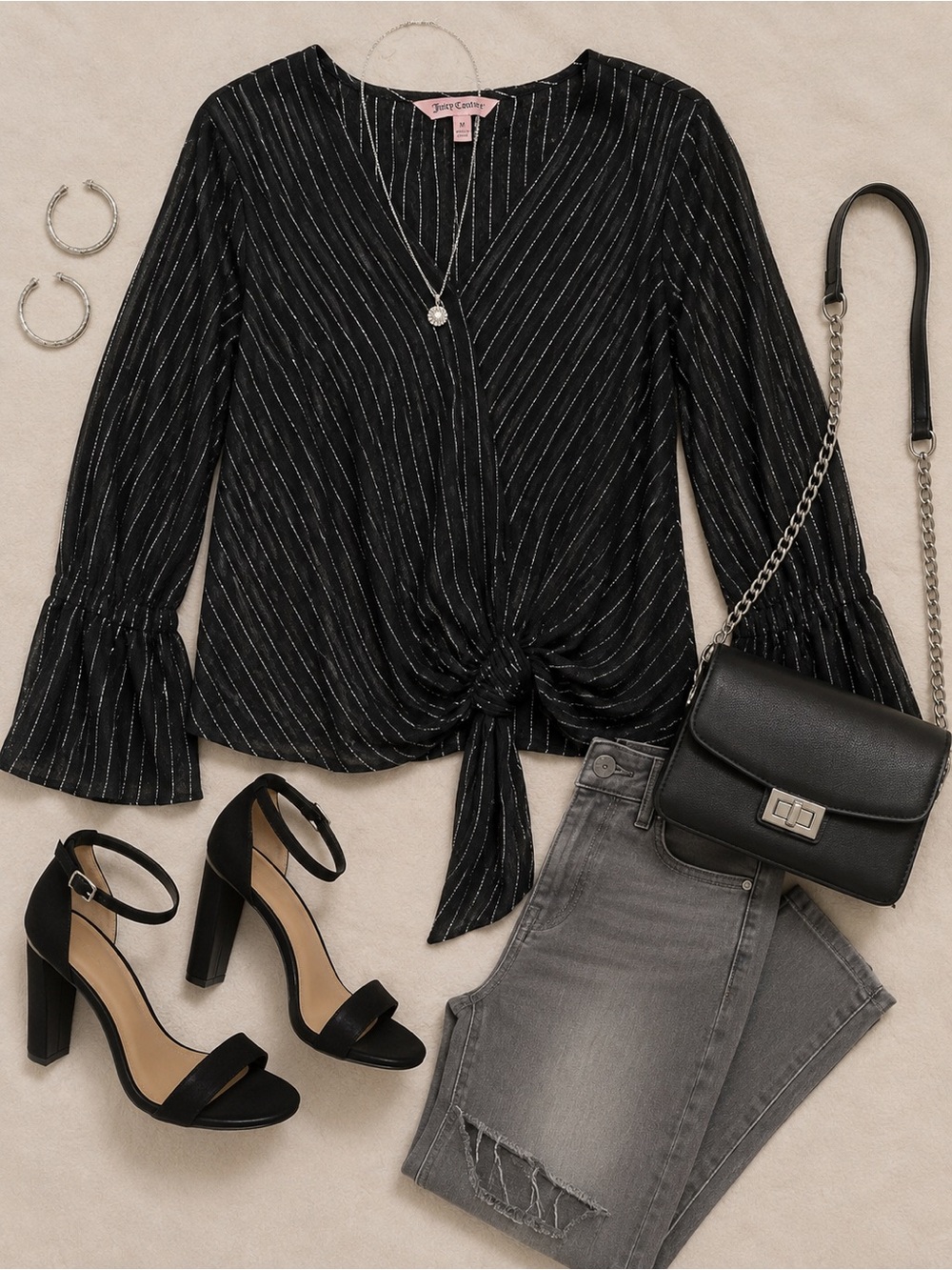 Juicy Couture Black Silver Metallic Pinstripe Tie Front Blouse